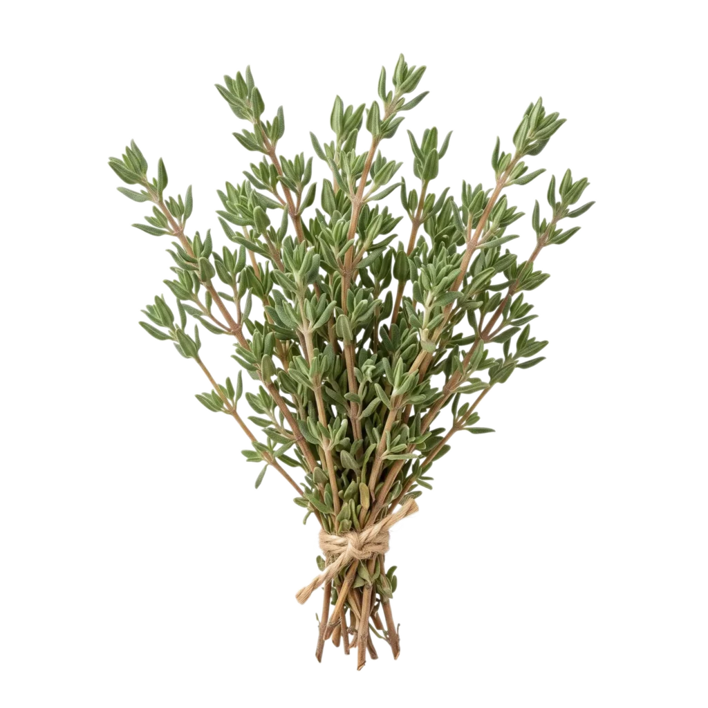 Ein Bund frischer Echter Thymian (Thymus vulgaris) mit kleinen, graugrünen Blättern an verholzten Stängeln