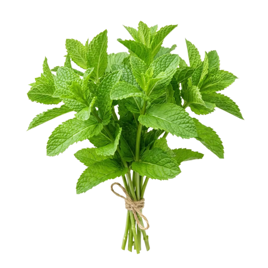Ein Bund frische Marokkanische Minze (Mentha spicata var. crispa) mit hellgrünen, stark strukturierten und gekräuselten Blättern