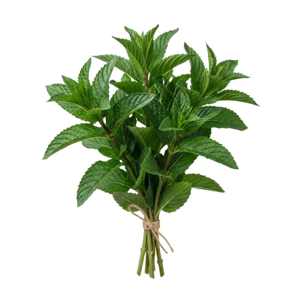 Ein Bund frische Pfefferminze (Mentha piperita) mit dunkelgrünen, leicht gezahnten Blättern und rötlichen Stängeln