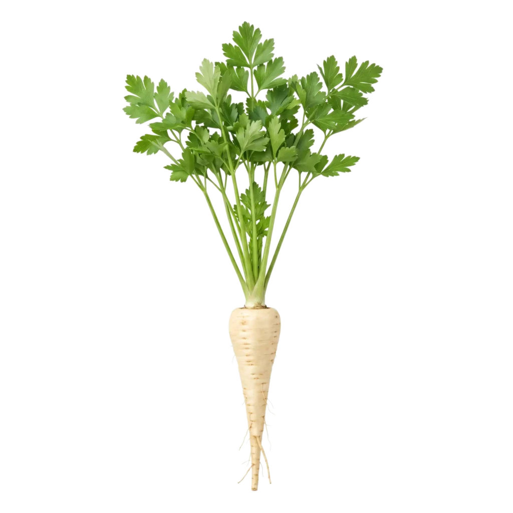 Eine vollständige Wurzelpetersilie (Petroselinum crispum convar. radicosum var. tuberosum) mit einer dicken, rübenartigen weißen Knollenwurzel und flachem Blattwerk