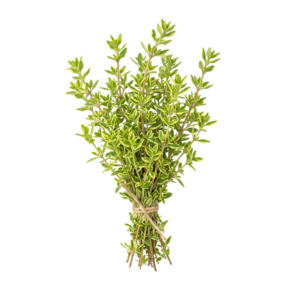 Ein Bund frischer Zitronenthymian (Thymus citriodorus) mit kleinen, hellgrünen bis gelblichen Blättern
