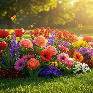 Ein Blumenbeet mit vielen bunten Blumen auf einer Wiese