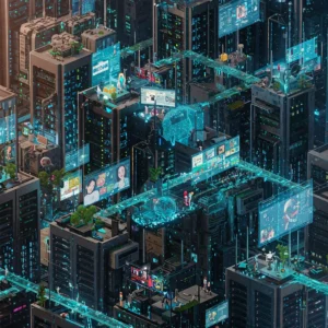 Eine Futuristische Stadt, die mit Ihren Gebäuden und Lichtreklamen das Internet darstellen soll.