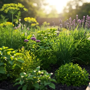 Kräuterbeet im Garten in Nahaufnahme mit der Sonne im Hintergrund