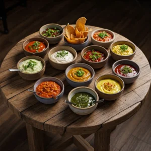 Kleiner alter Und runder Holztisch mit kleinen Schalen in den unterschiedliche Dipps und Soßen sind.