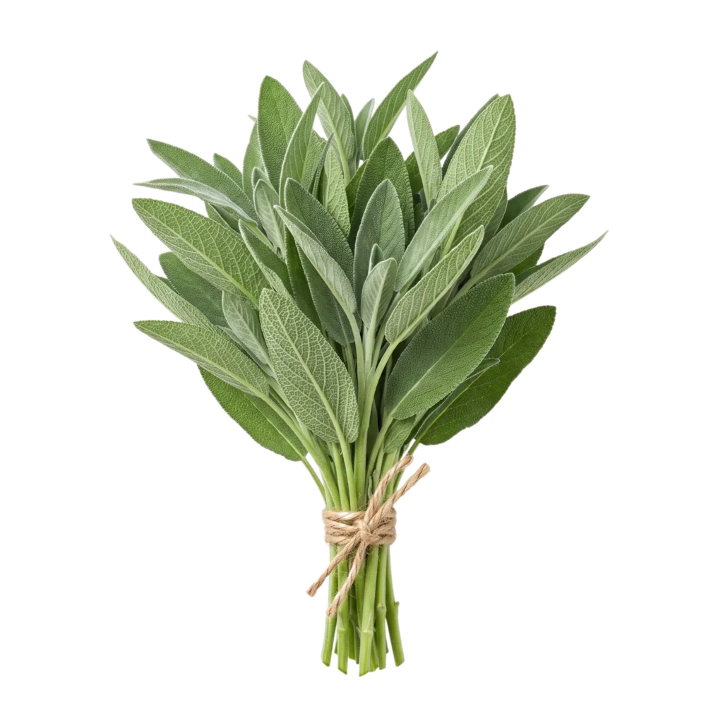 Ein gebundener Bund frischer Echter Salbei (Salvia officinalis) mit samtigen, graugrünen Blättern
